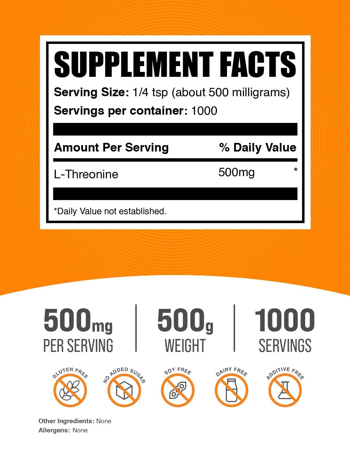 Envase de 500 g BulkSupplements L-Treonina para uso diario sin gluten.
