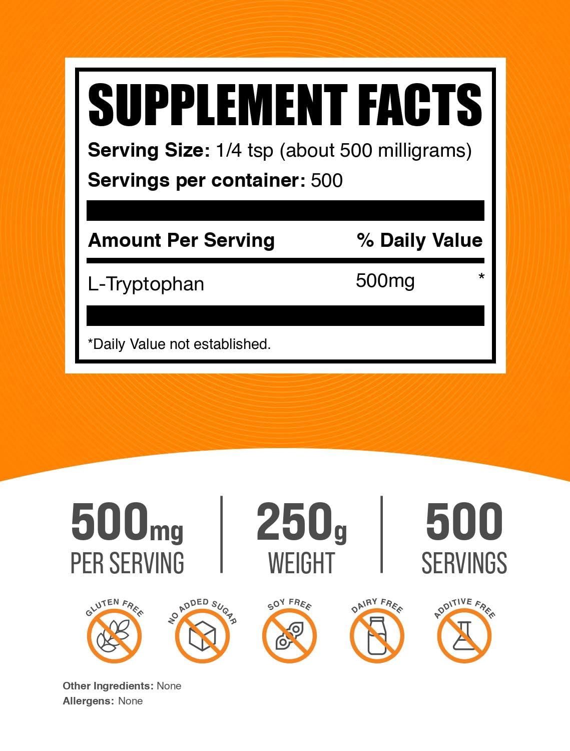 BulkSupplements L-triptofano envase 250 g, práctico para incorporar en la rutina