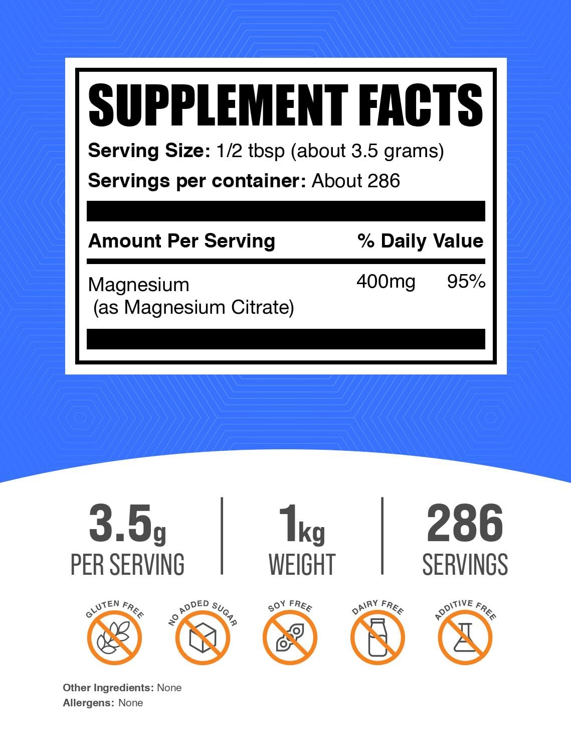 Magnesio Citrato Bulksupplements, envase de 1 kg para ingesta diaria