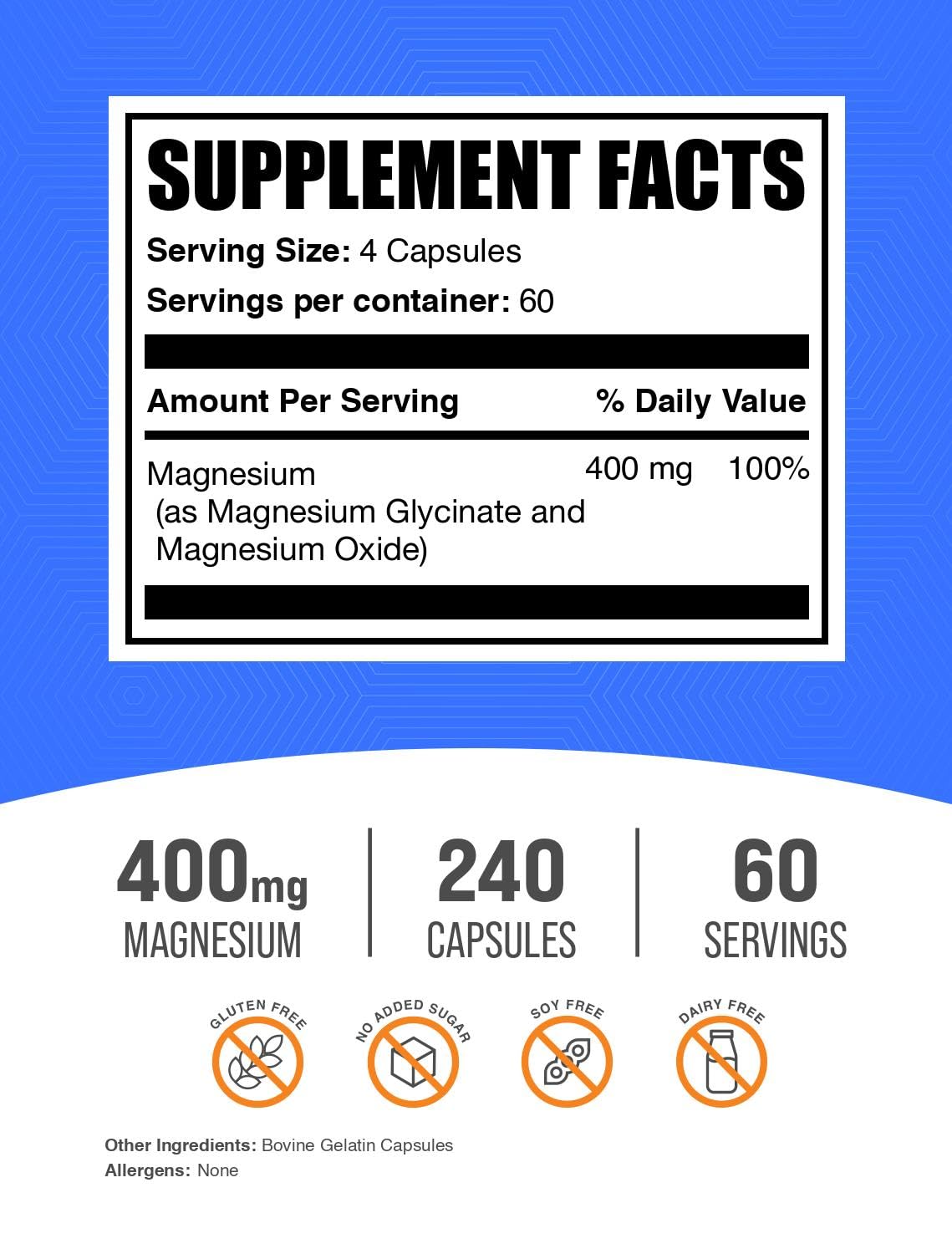 BulkSupplements Magnesio glicinato cápsulas de 400 mg por porción.