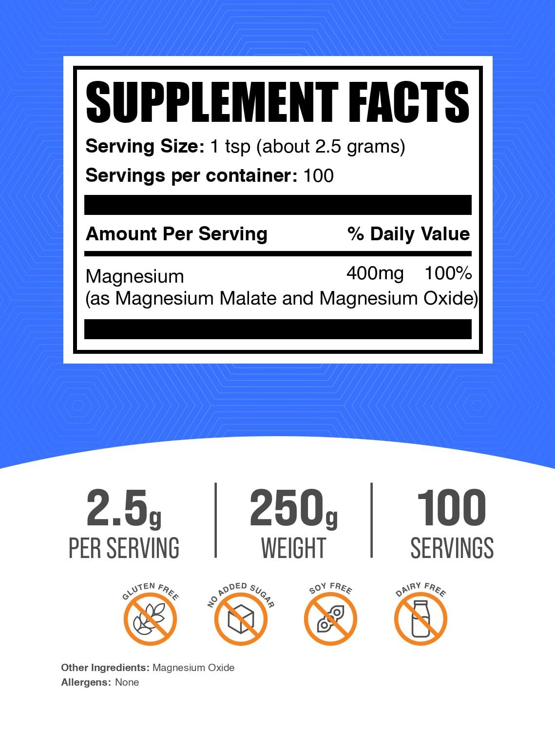 BulkSupplements Magnesio Malato polvo, cuchara de medición, facilita dosis diaria sin complicaciones.