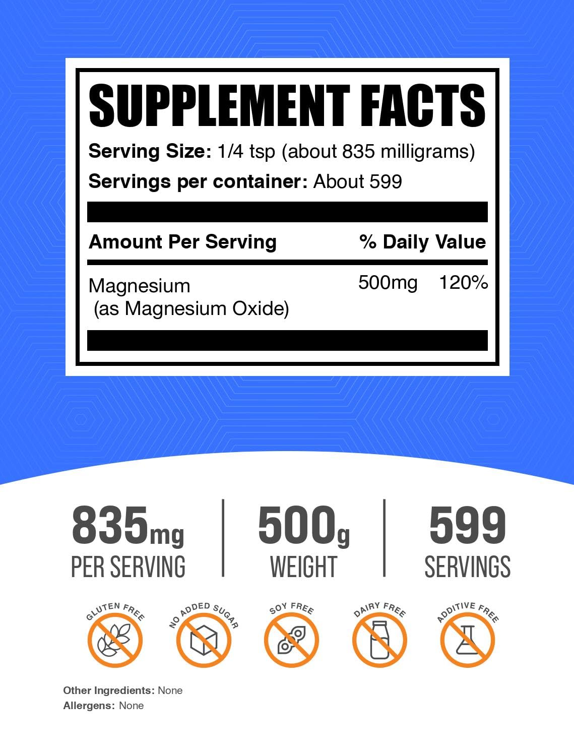 Bulksupplements Magnesio Óxido cucharita mide, dosificación rápida en bebidas.