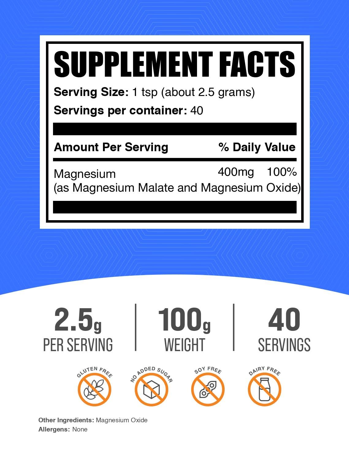 Bulksupplements Magnesio Malato en polvo con cuchara medidora para dosificaciones precisas.