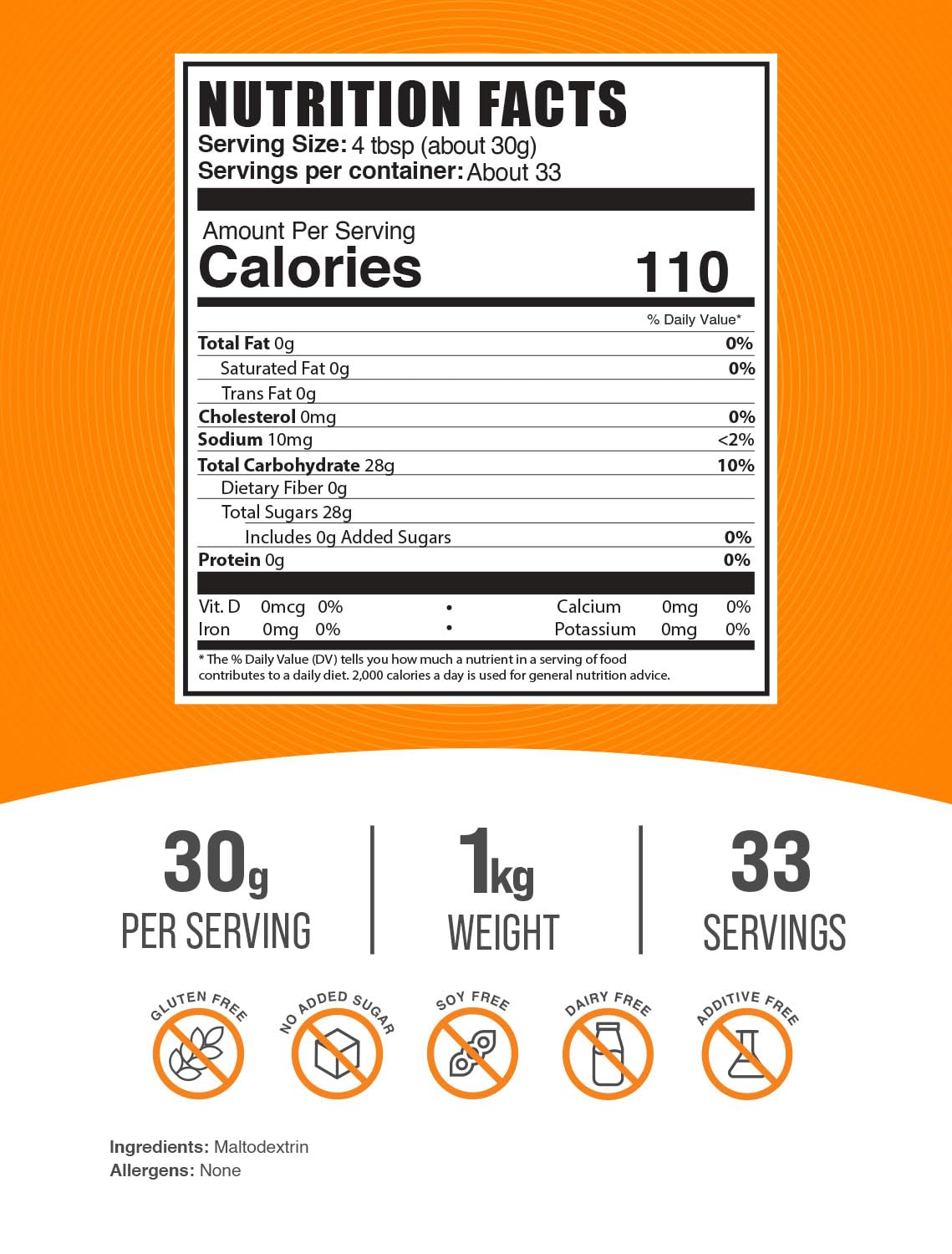 BulkSupplements Maltodextrin con cuchara de medición, dosis por porción para entrenamientos.