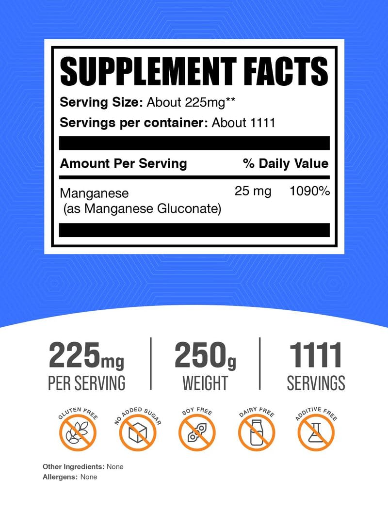 BulkSupplements Manganeso Gluconato polvo, envase medido listo para mezclar en jugo.