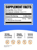 BulkSupplements Manganeso Gluconato polvo, envase medido listo para mezclar en jugo.