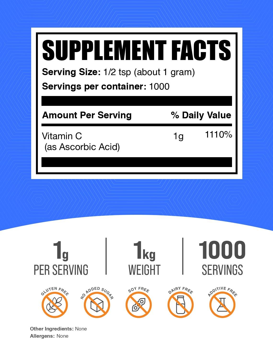 BulkSupplements polvo de ácido ascórbico, medida y porción, para mantener la rutina diaria.