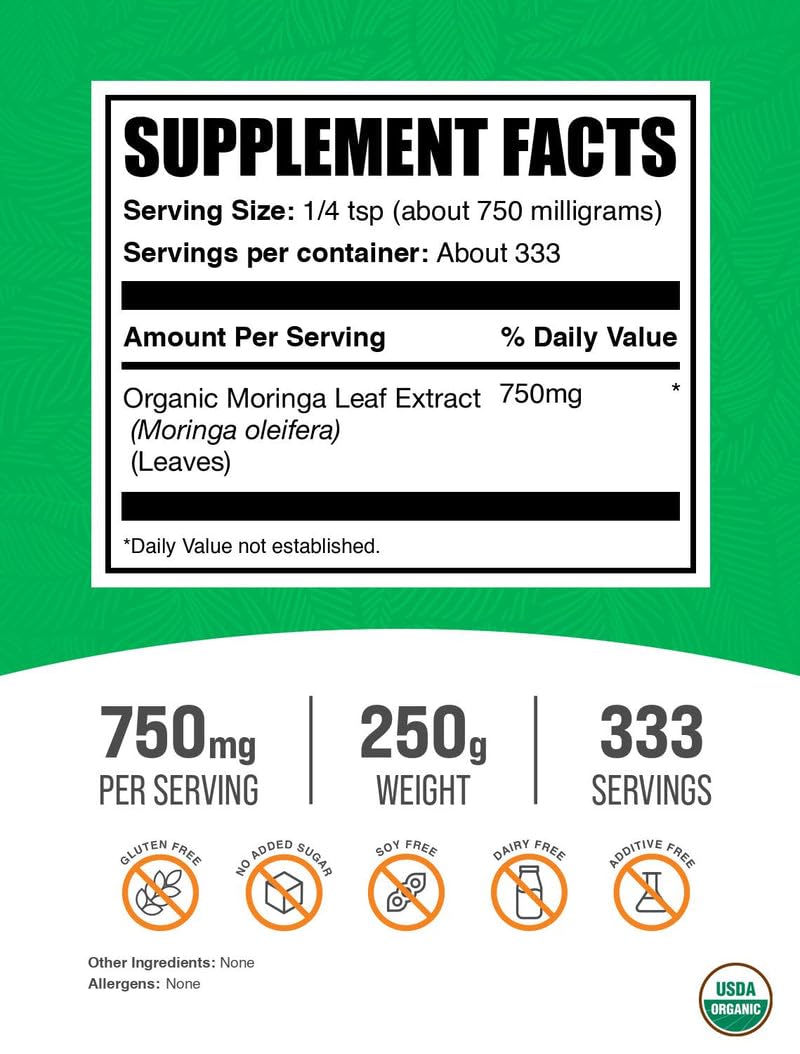 BulkSupplements Moringa Extract, frasco práctico para batidos diarios.