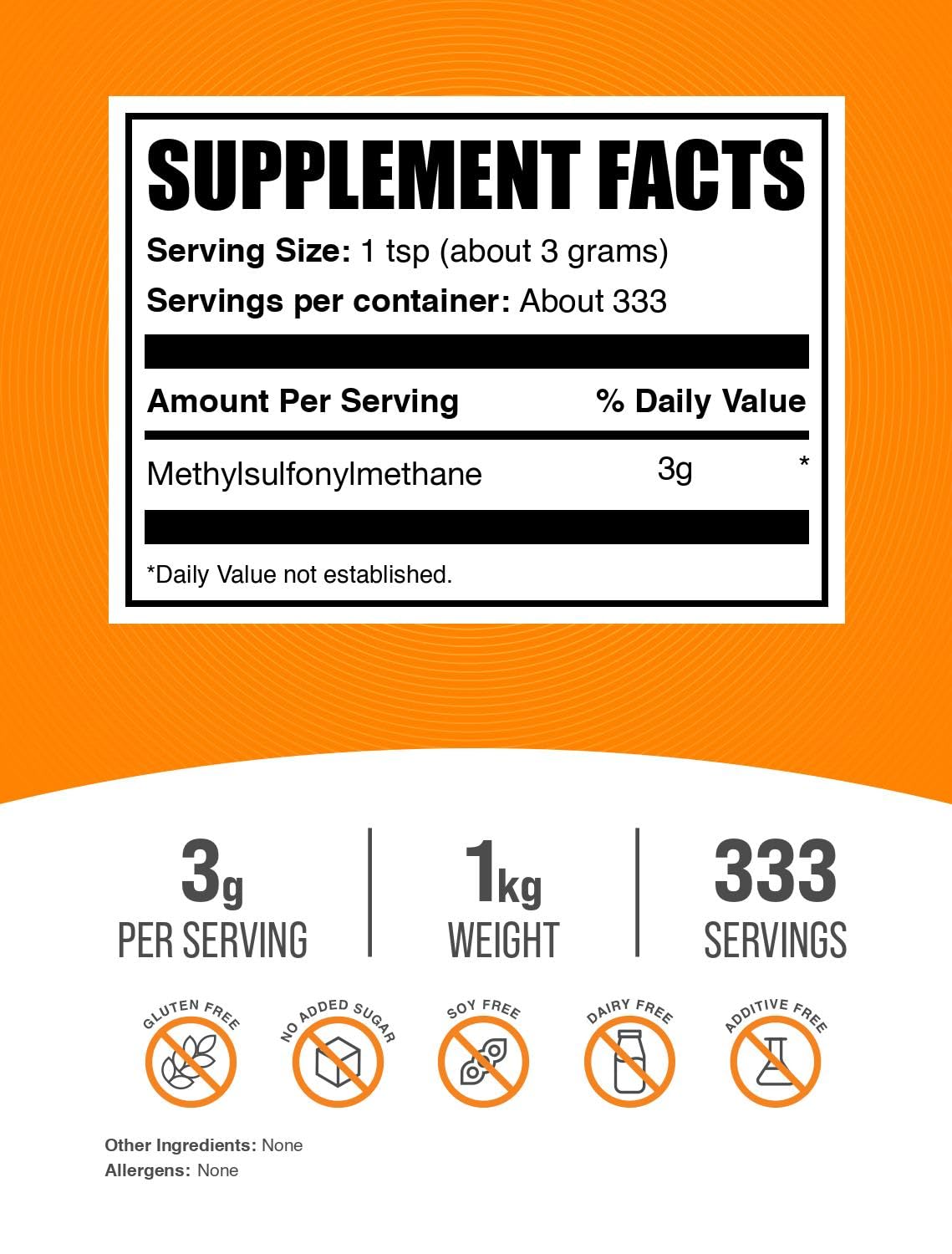 BulkSupplements MSM polvo sin gluten, apto para diversas dietas y preferencias.
