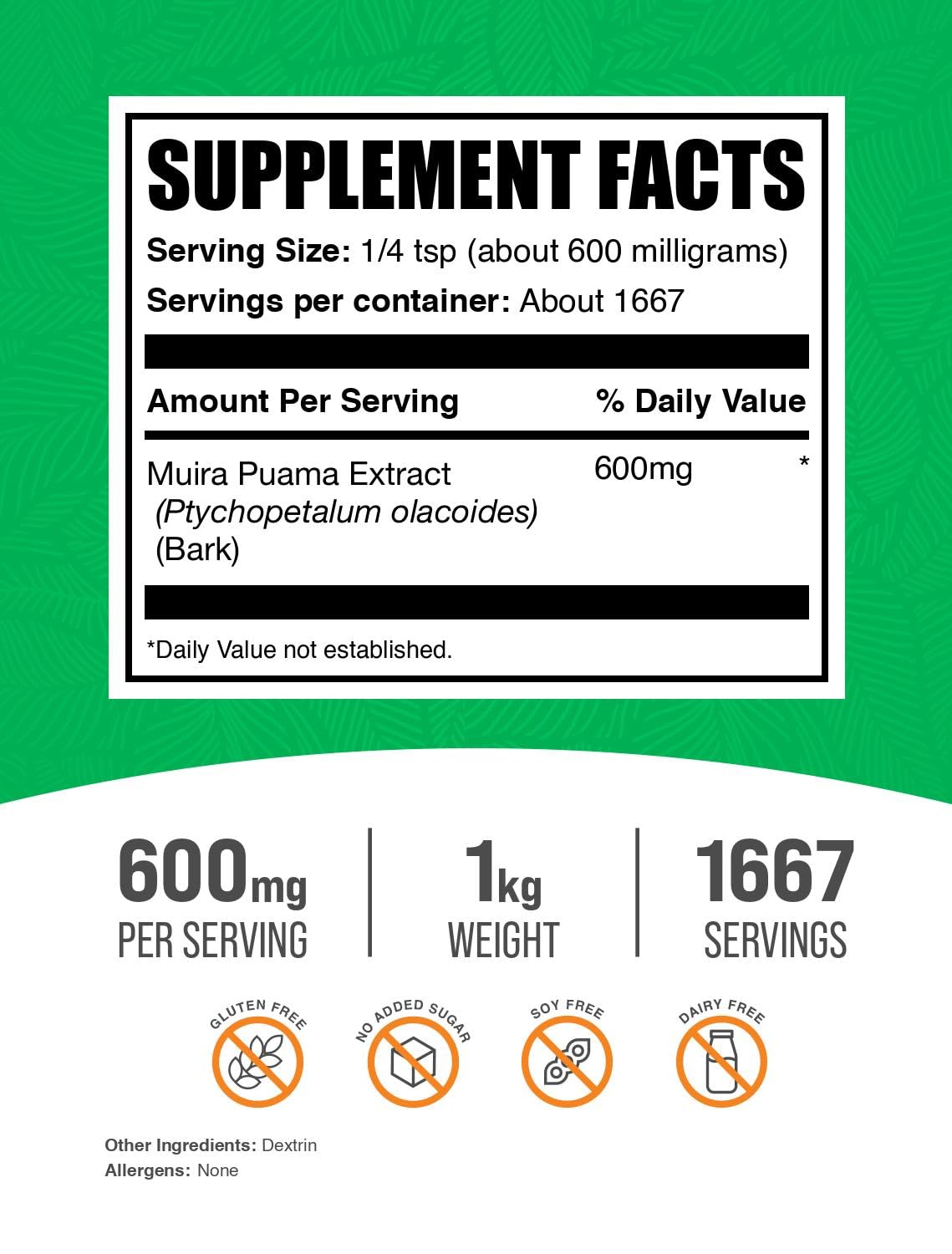 Bulksupplements Muira Puama Extract etiqueta cgmp, garantía de calidad
