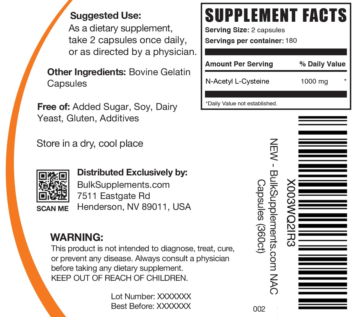 Empaque BulkSupplements NAC 1000 mg, presentación profesional para uso diario.