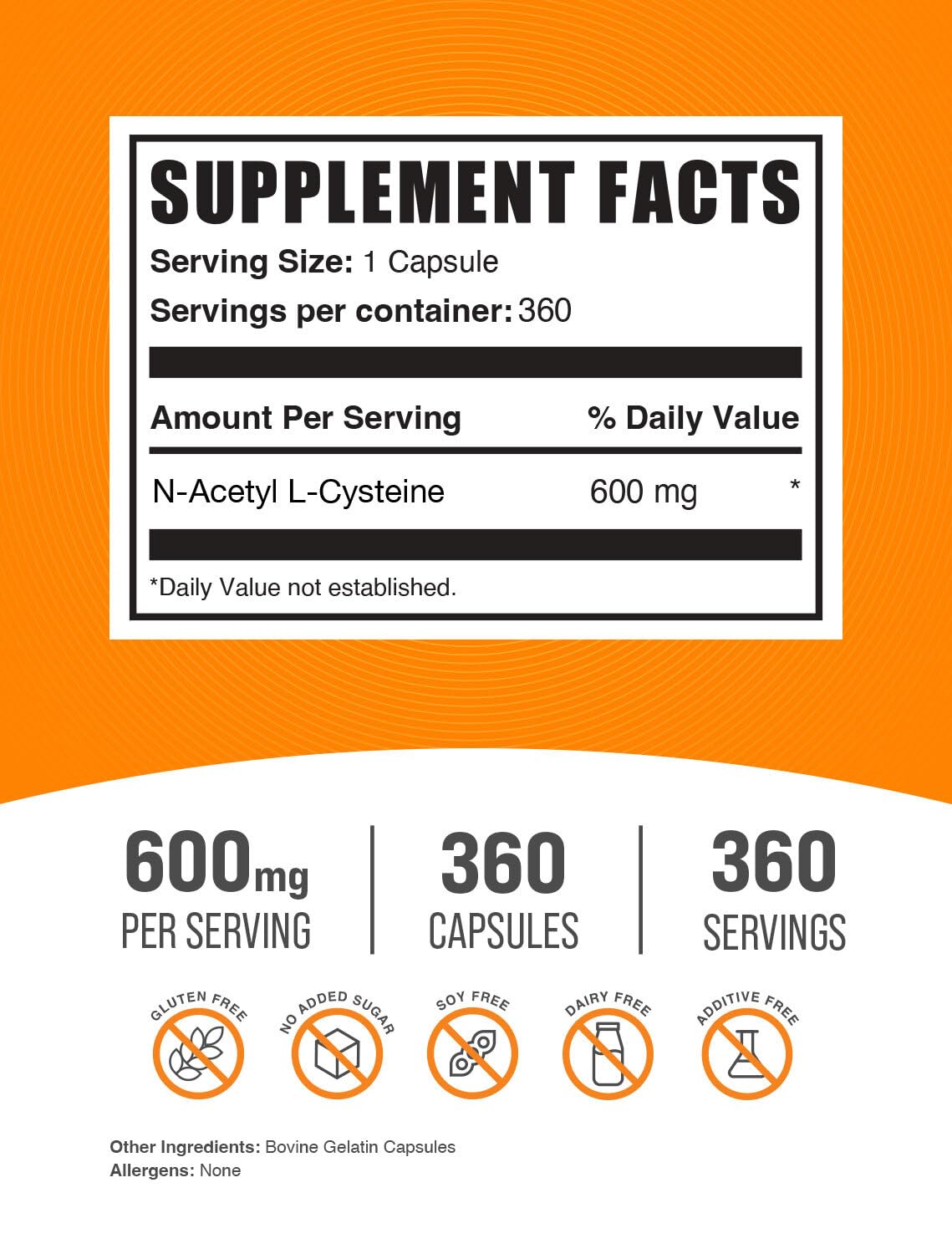 Frasco NAC 600 mg de BulkSupplements; cápsulas fáciles de tragar