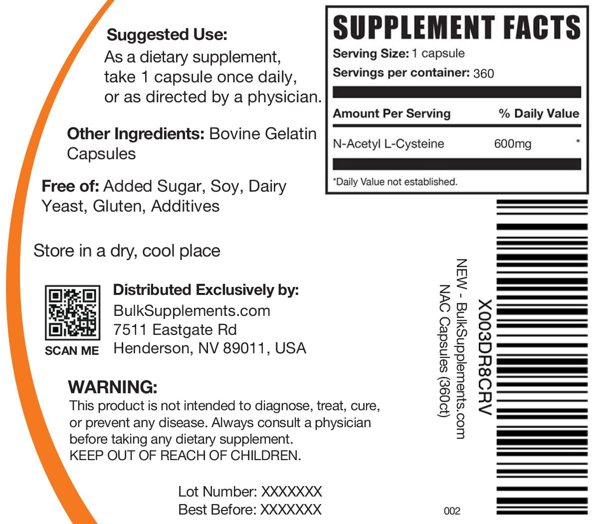 Uso diario NAC BulkSupplements; complemento sin alérgenos comunes
