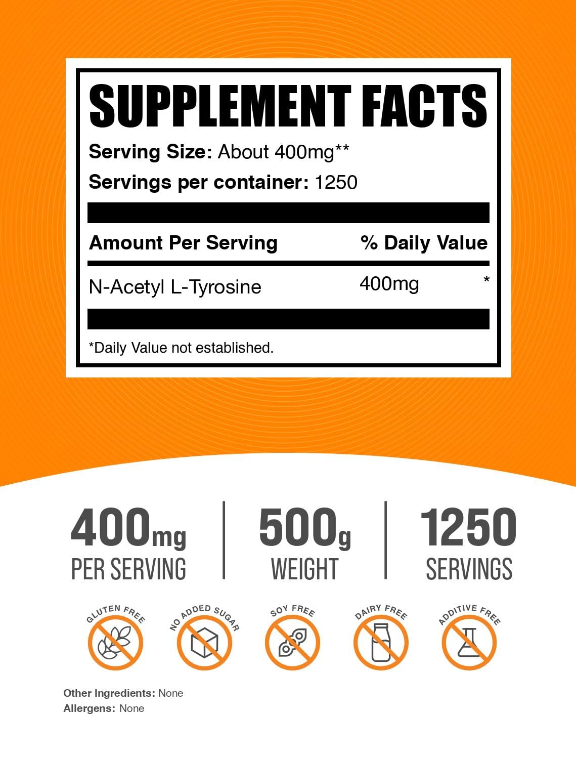 BulkSupplements N-acetil L-tirosina cuchara de medición para dosis precisas.