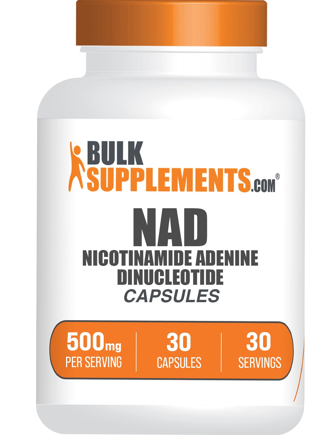 BulkSupplements NAD cápsulas en botella, apoyo a la energía diaria y bienestar general.