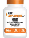 BulkSupplements NAD cápsulas en botella, apoyo a la energía diaria y bienestar general.