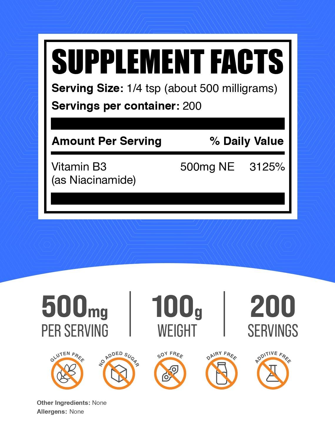 BulkSupplements Niacinamida envase de 100 g para uso diario.