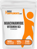 BulkSupplements Niacinamida polvo 500 mg, porción para apoyo diario de bienestar.