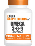 BulkSupplements Omega 3-6-9 Cápsulas Blandas, botella frontal, apoyo al bienestar diario.