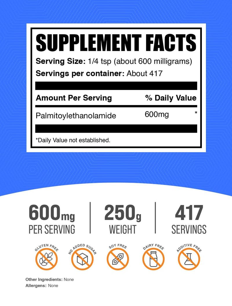 Polvo Palmitoiletanolamida BulkSupplements para mezclar fácilmente en bebidas