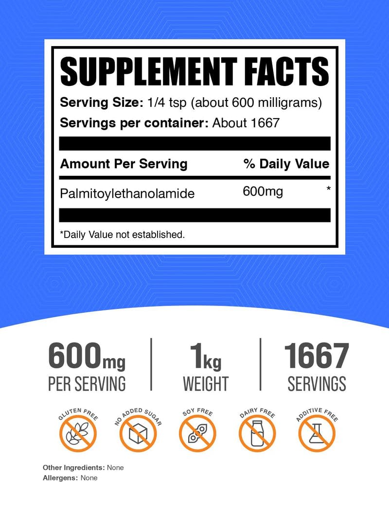 Palmitoylethanolamide en polvo BulkSupplements con medidor incluido para dosificación fácil.
