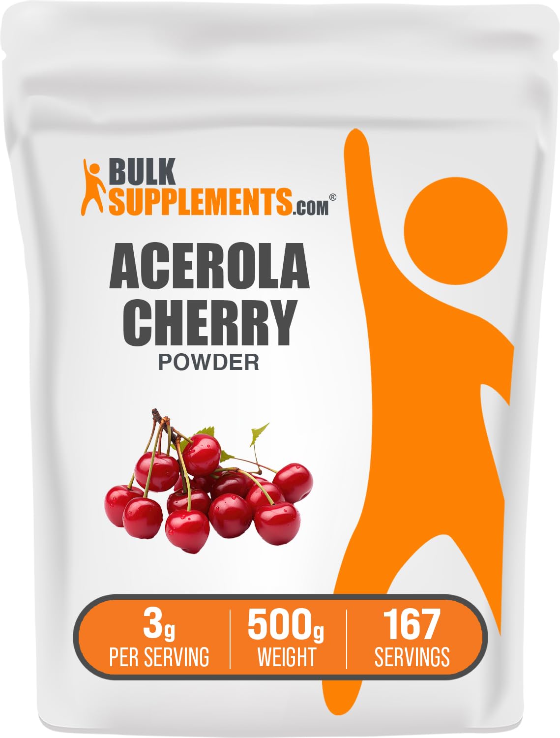 BulkSupplements Polvo de cereza acerola en empaque de 500 g para uso diario.