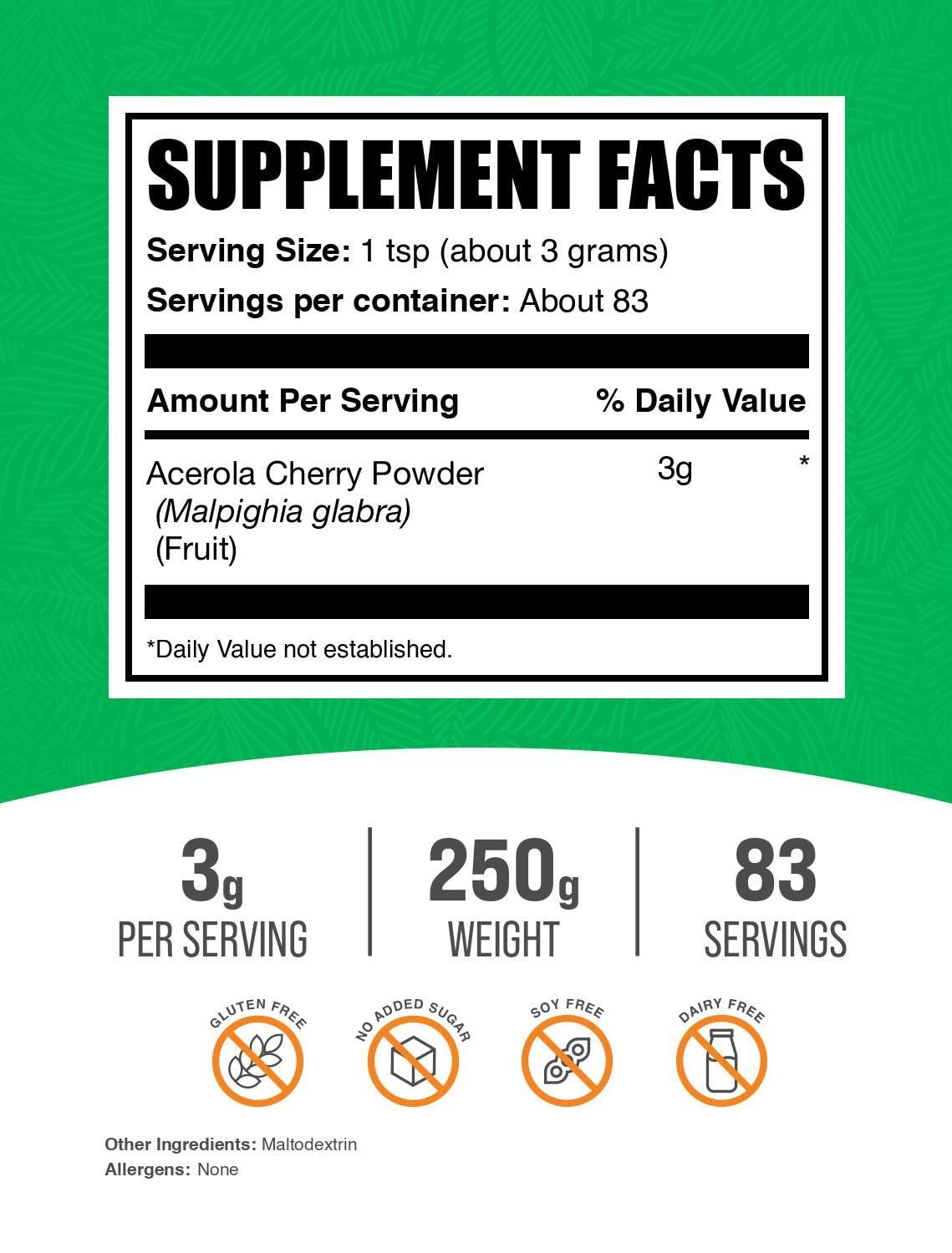 BulkSupplements Polvo Acerola Cereza, mezcla en bebida suave para aporte rápido.