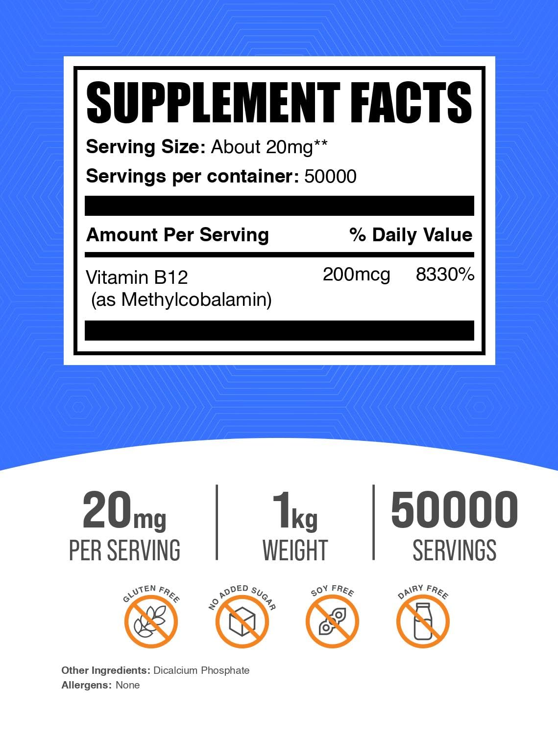 BulkSupplements Polvo B12 Metilcobalamina, porción diaria y dosis precisa.