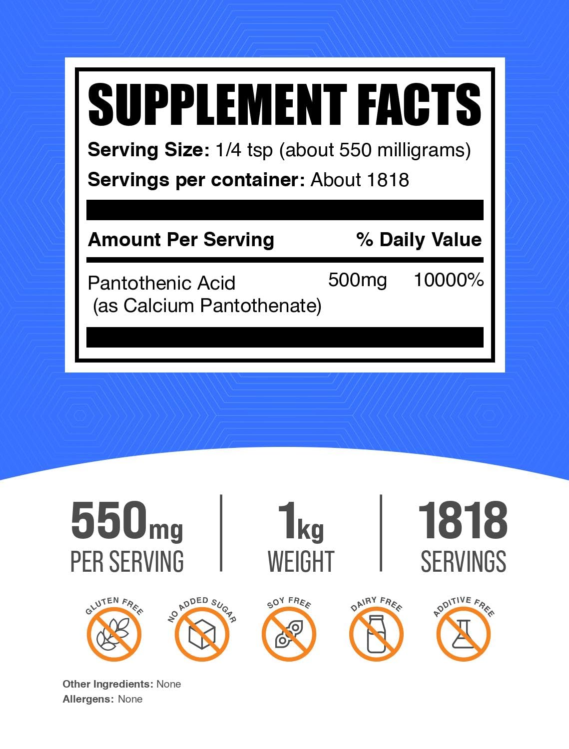 Polvo B5 Pantotenato de Calcio de BulkSupplements, textura fina para batidos