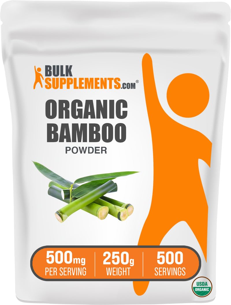 BulkSupplements polvo bambú organico, botella: soporte diario para bienestar y sílice natural.