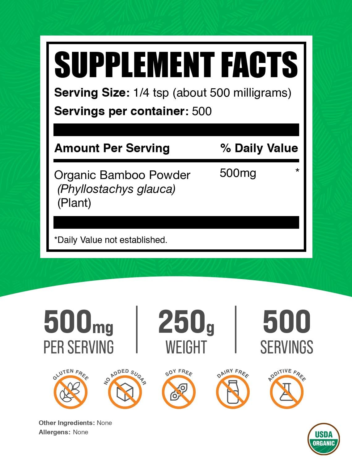 BulkSupplements polvo bambú organico, cuchara medidora: dosis conveniente para tu rutina.