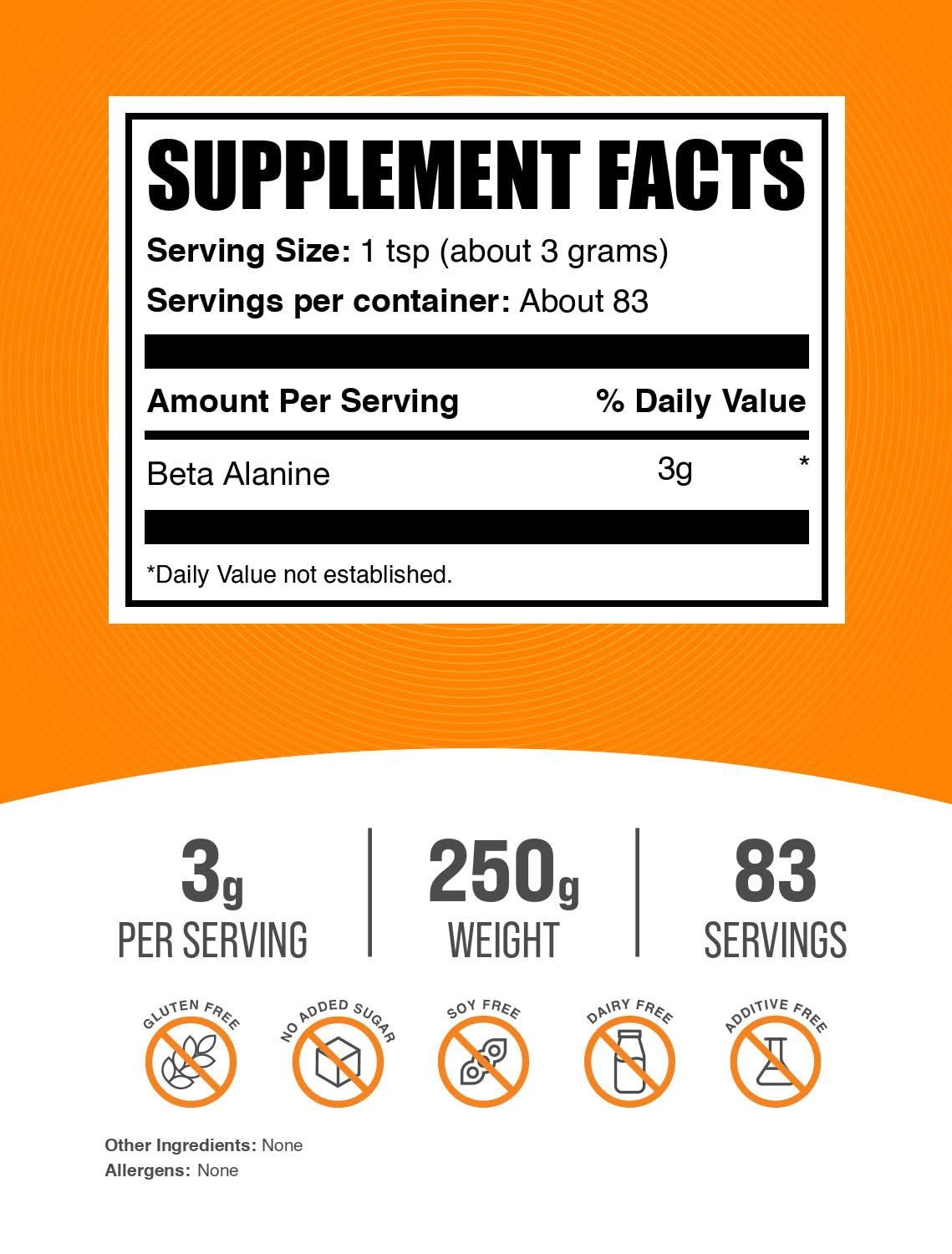 BulkSupplements Beta-Alanina en polvo, etiqueta clara para mezcla diaria.