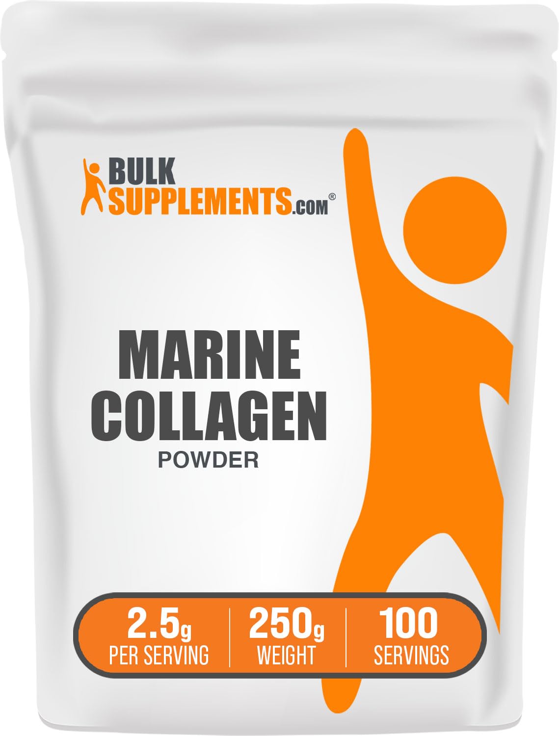 BulkSupplements Polvo de colágeno marino en envase 250 g, listo para batidos.