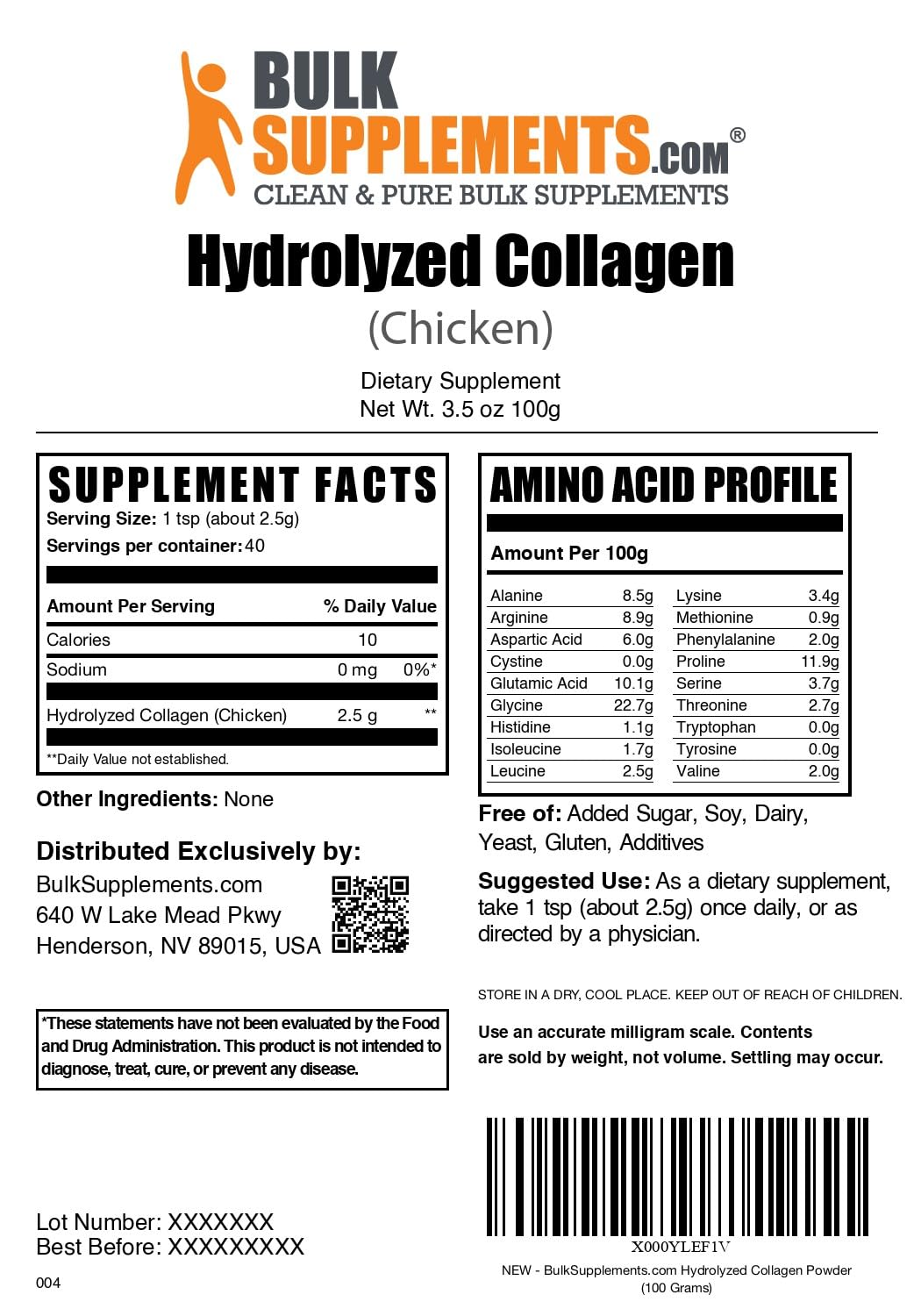 BulkSupplements Polvo de Colágeno de Pollo, control de calidad para consistencia en lotes.