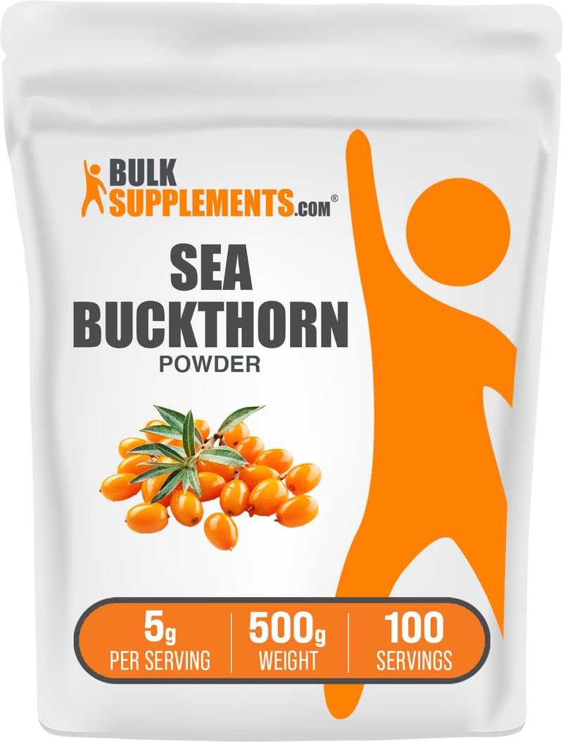 BulkSupplements polvo de espino amarillo en frasco, ideal para batidos diarios.