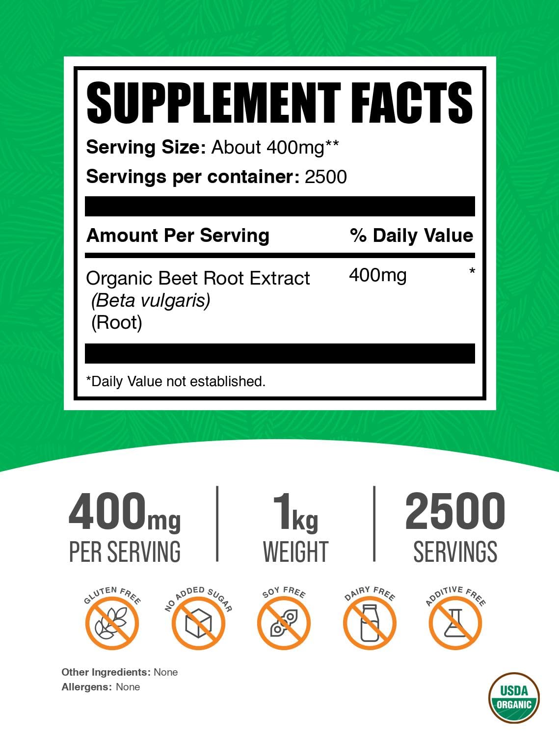 BulkSupplements polvo de remolacha organico 400mg, ingesta diaria sencilla.