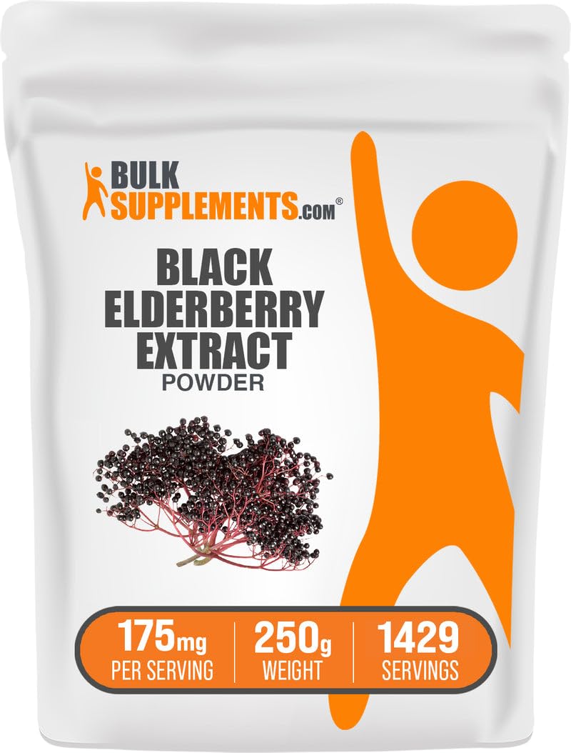 BulkSupplements polvo de saúco en botella, apoyo diario al bienestar.