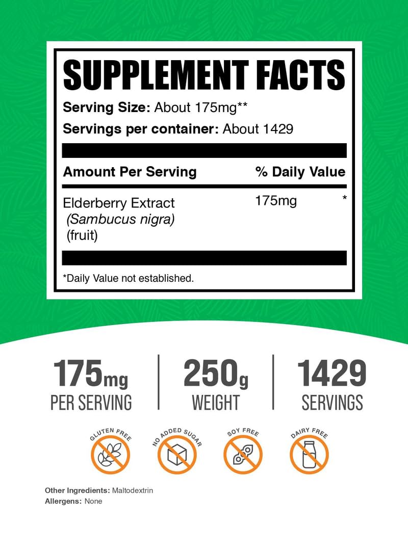 BulkSupplements polvo de saúco con cuchara medidora, fácil de incorporar en batidos.