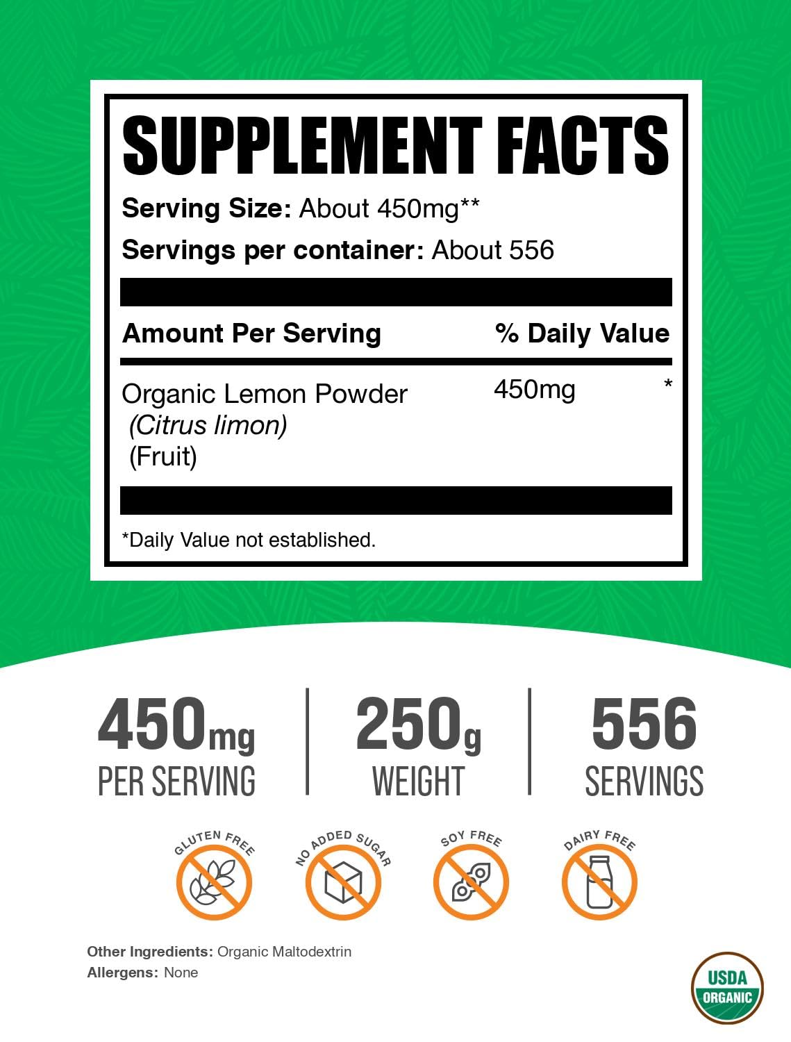 BulkSupplements Polvo limón orgánico en taza, sabor cítrico para recetas y bebidas