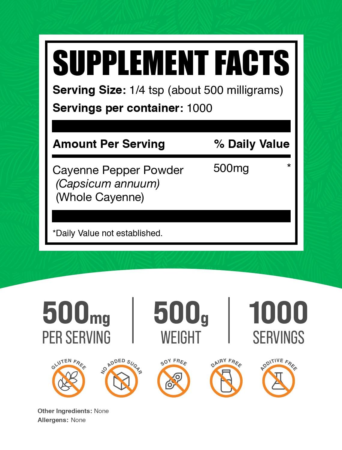 BulkSupplements Cayenne 40000 HU porción 500 mg para uso diario