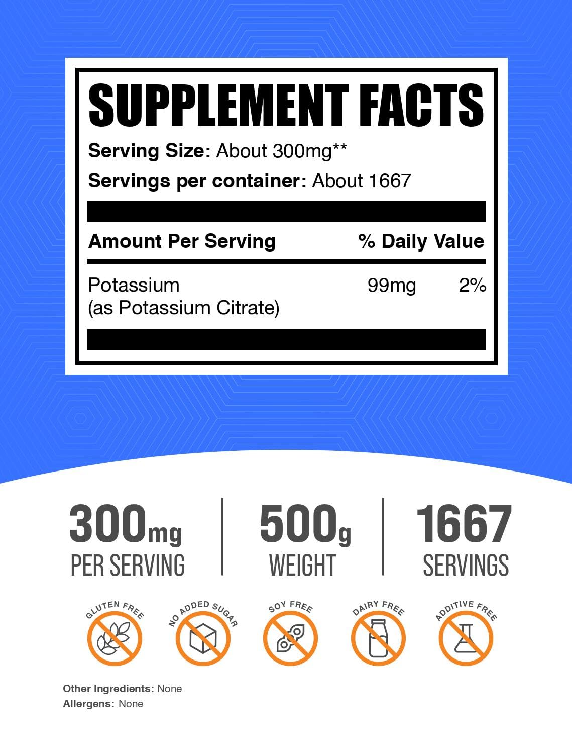 BulkSupplements Potasio Citrato Polvo, hidratación óptima durante el entrenamiento diario.