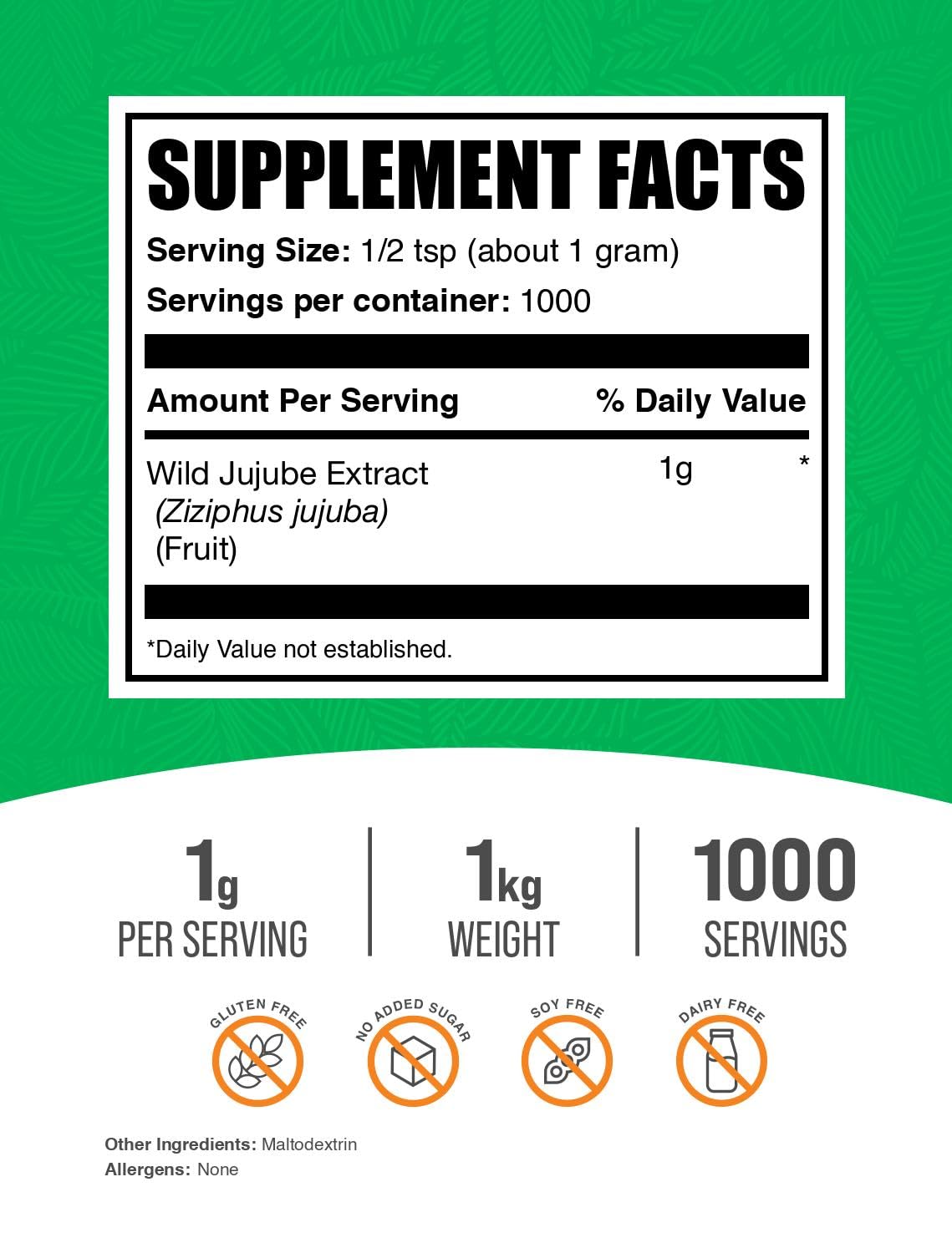 Pote de 1 kg de extracto de jujube bulksupplements para mezclar fácilmente.