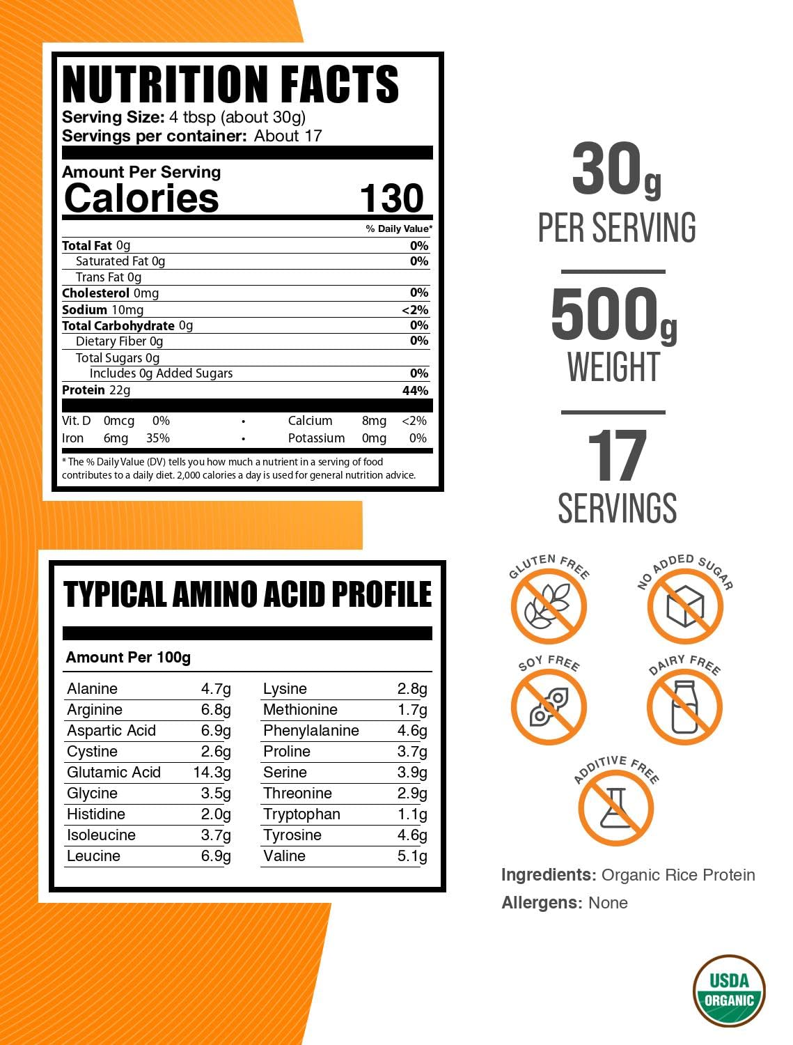 BulkSupplements proteína de arroz orgánica con cuchara de medir para recetas