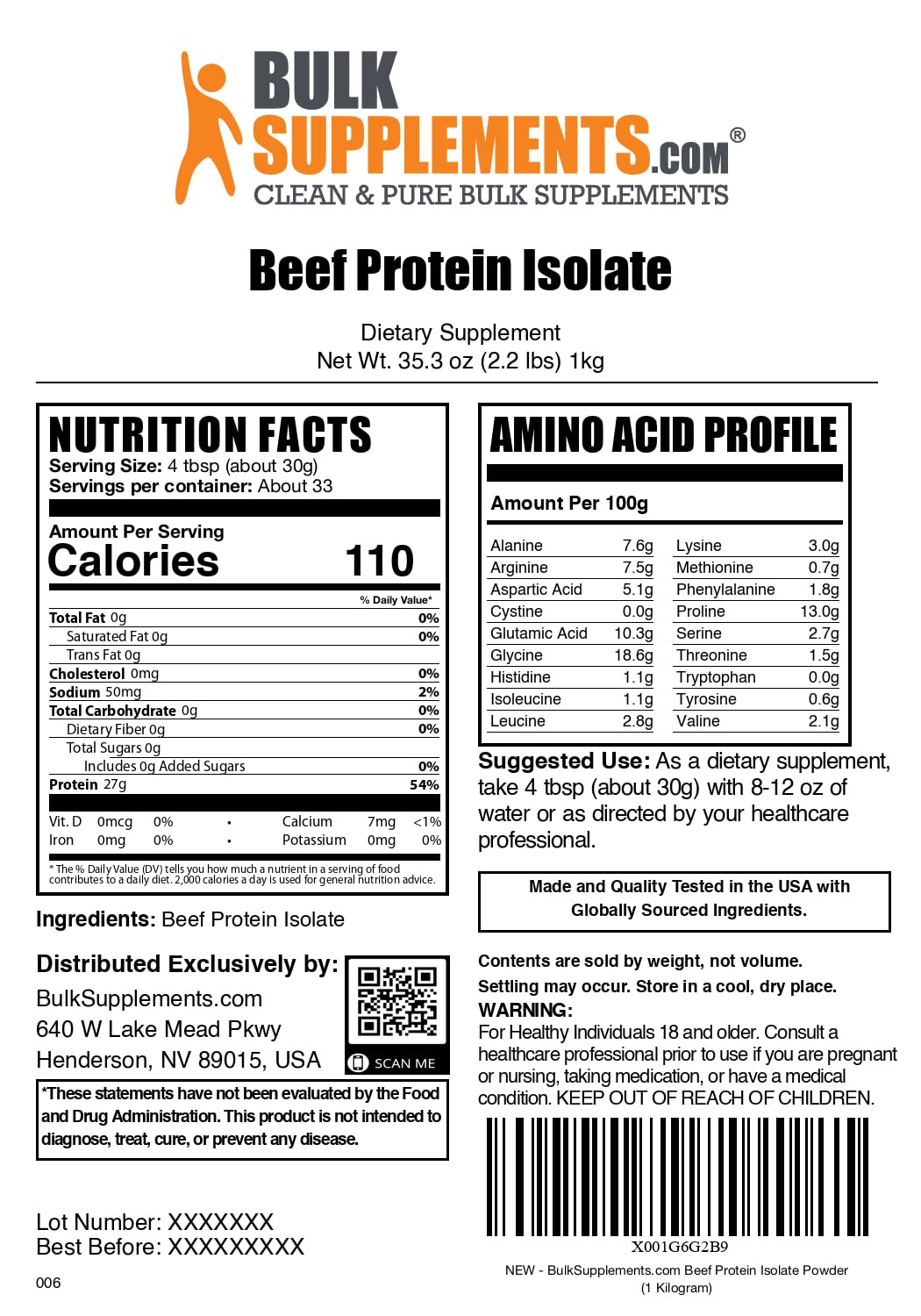 Proteína de carne aislada BulkSupplements, proteína de alta calidad para recuperación.