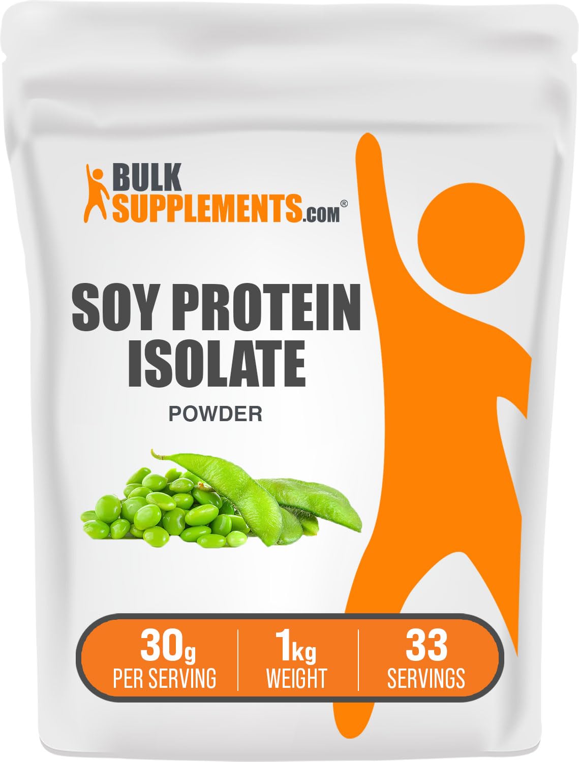 Bulksupplements proteina de soya aislada en envase, aporte proteico diario.
