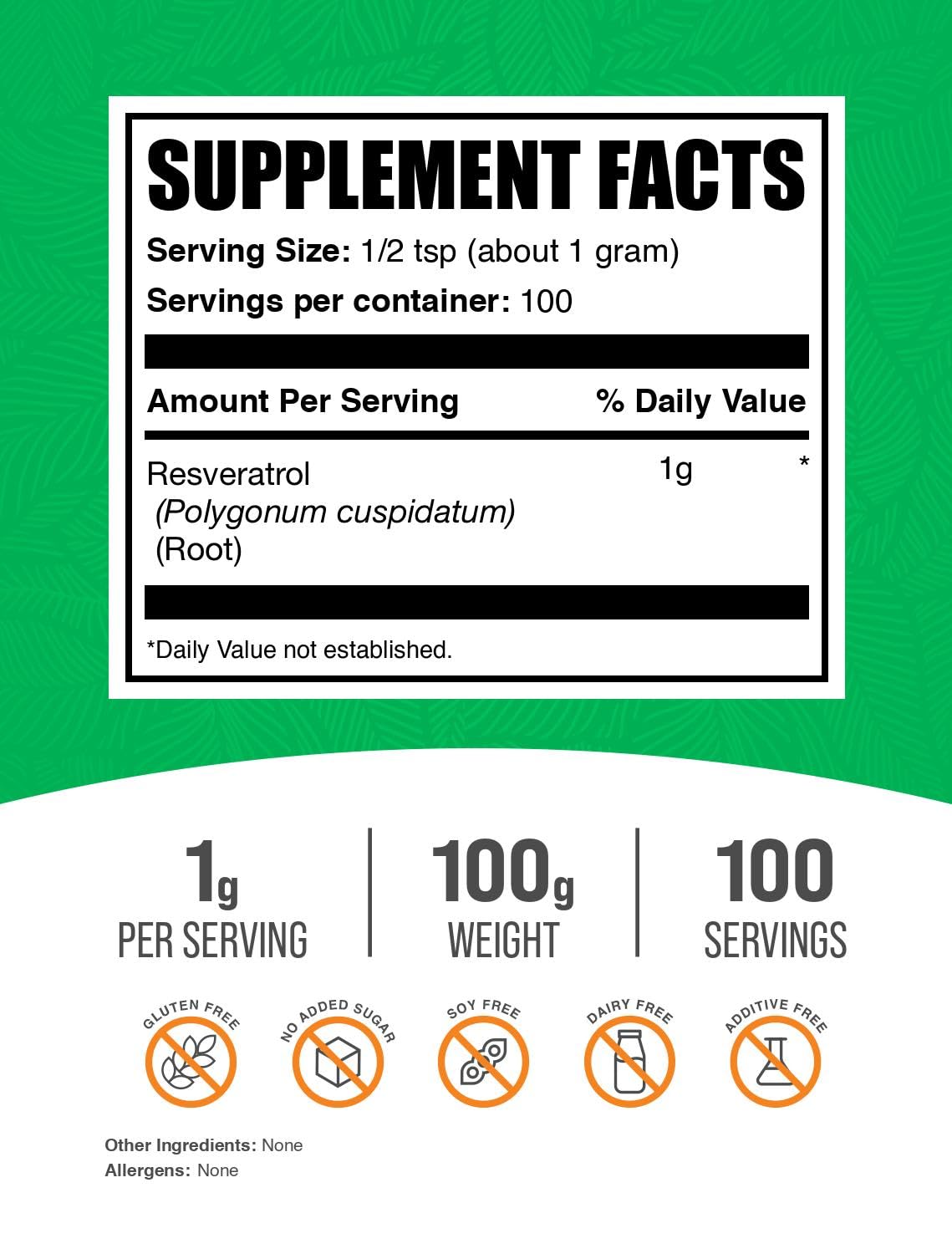 BulkSupplements Resveratrol polvo con cucharita medidora para porciones precisas.