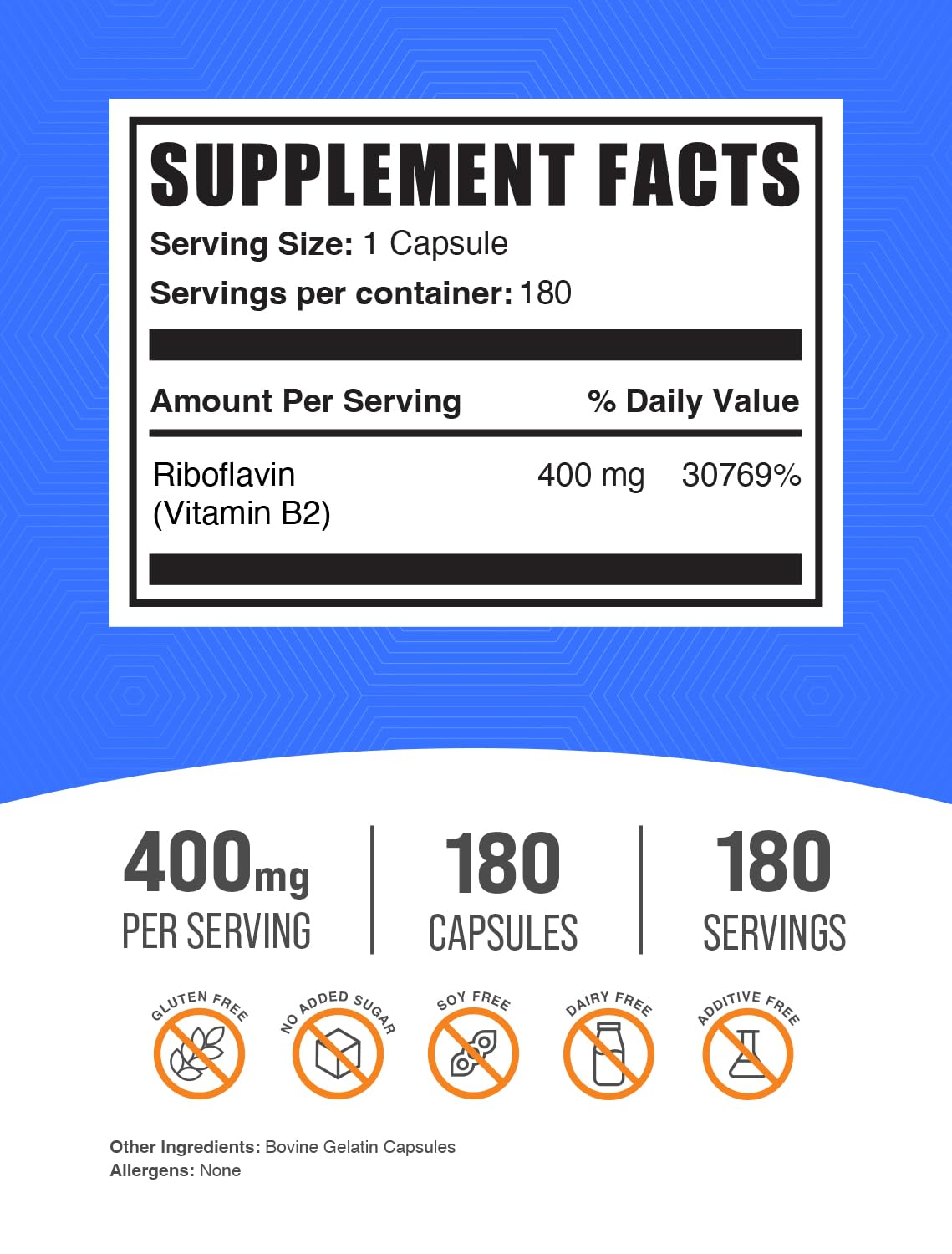 Etiqueta clara de BulkSupplements Riboflavina 400 mg para verificar dosis.