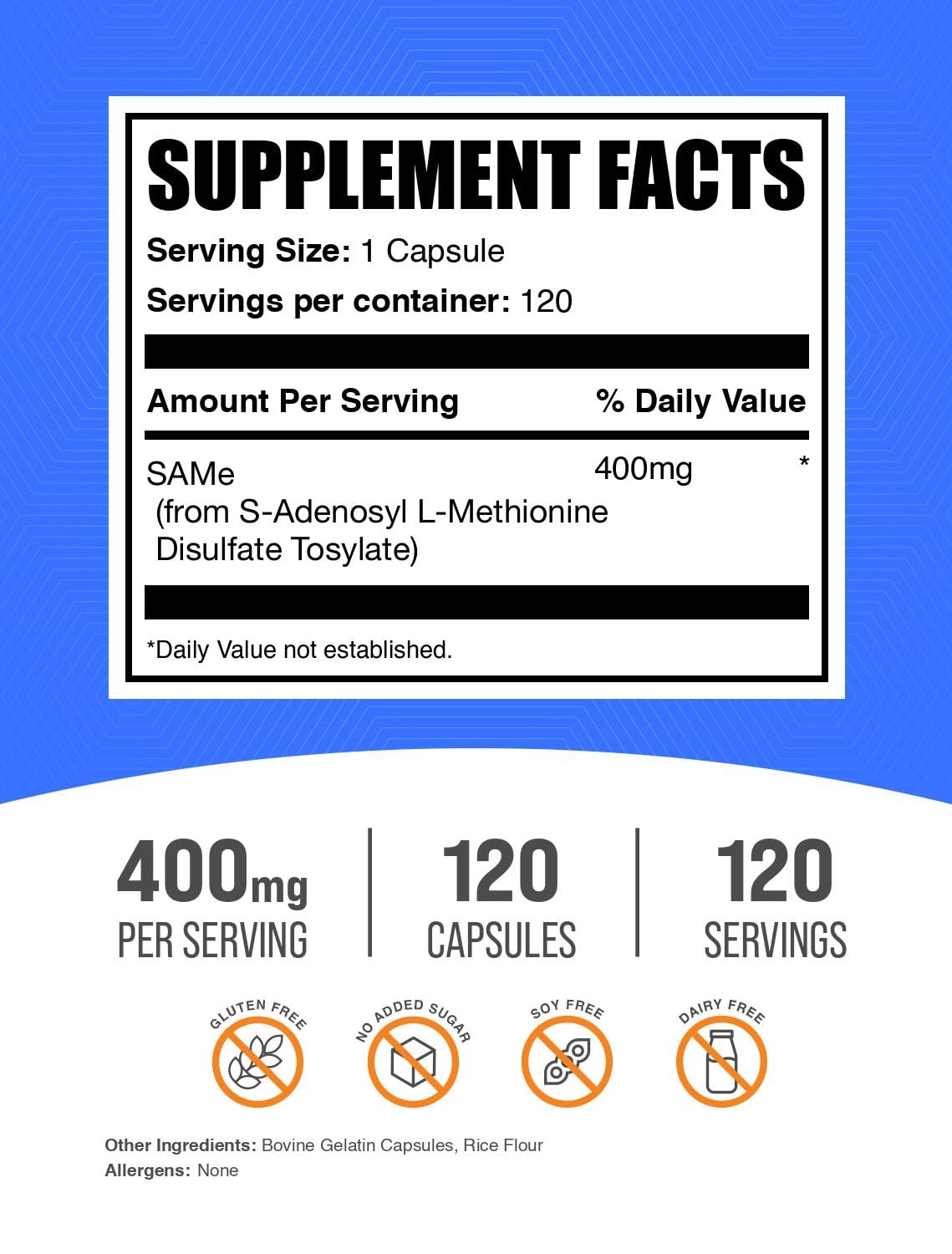 BulkSupplements SAM-e cápsulas 400 mg; primer plano de la cápsula para facilitar su uso.
