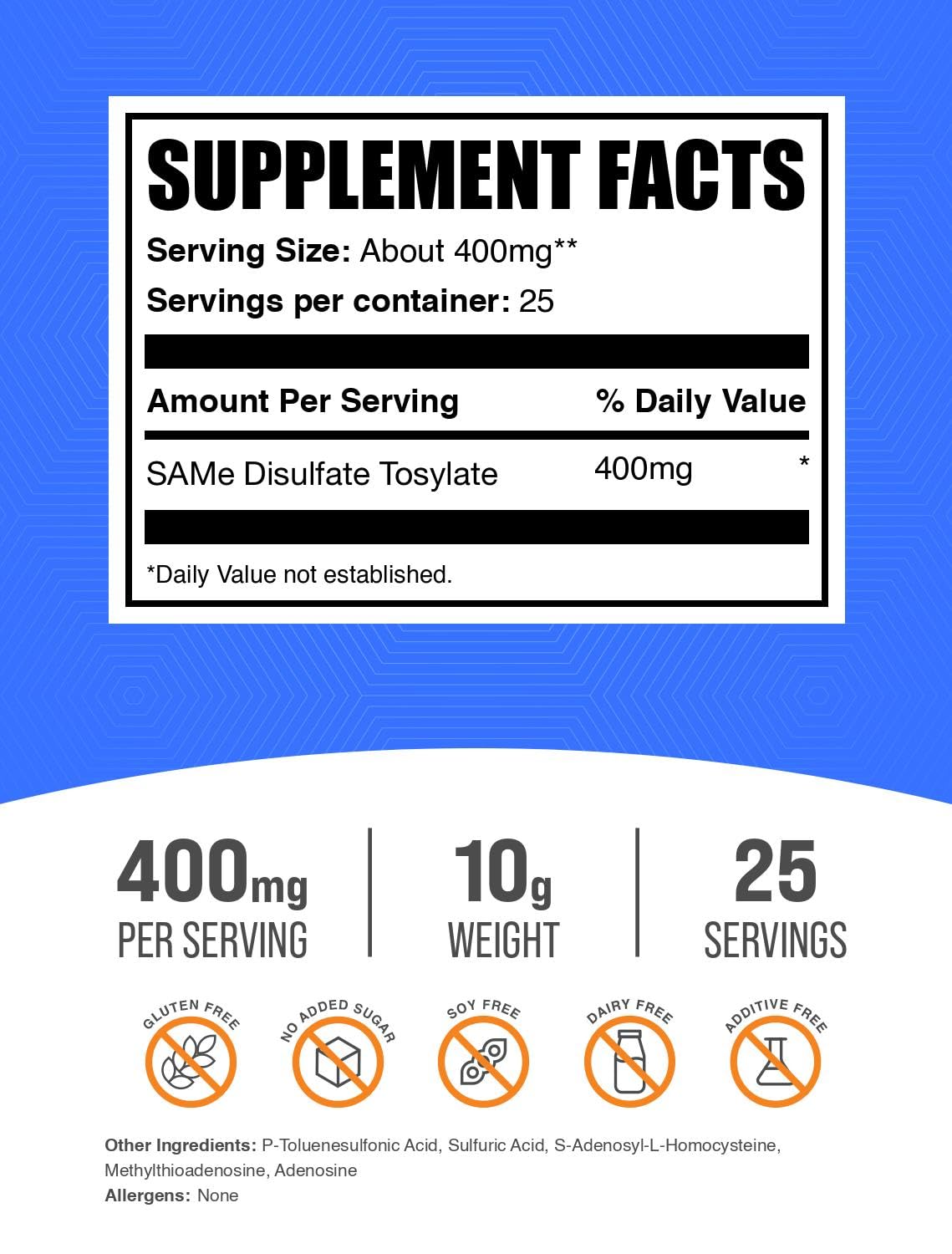 BulkSupplements SAM-e polvo, envase con dosificador para dosificaciones fáciles.