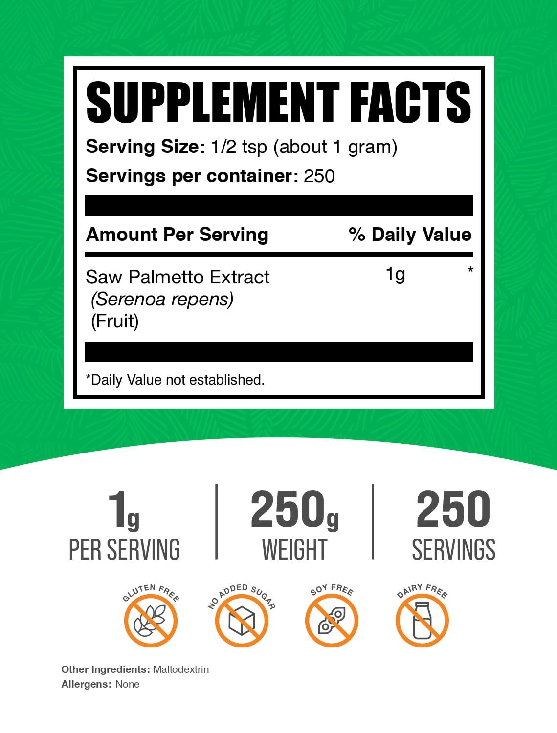 BulkSupplements Saw Palmetto Extract Powder en frasco, complemento herbal diario.